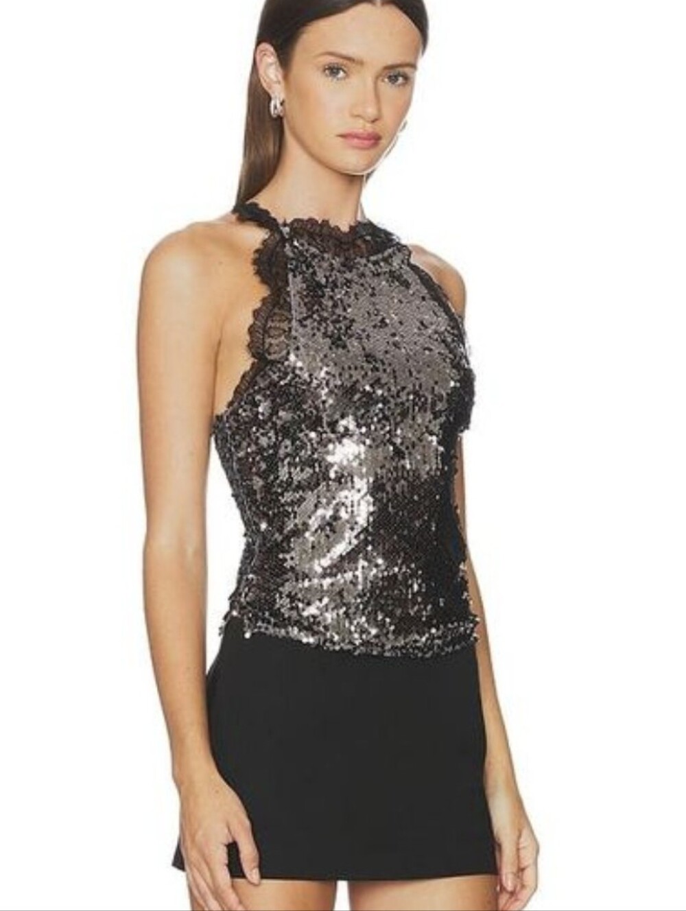 Free People Take Me Away Cami in Black Sequin & Lace Size Small S